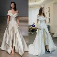new design off shoulder wedding dresses satin bridal jumpsuits sleeveless with pants overskirt wedding gowns formal guest dress