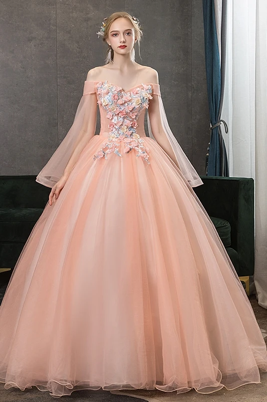 

Color Gauze Wedding Dress New Style Meat Pink Tube Top Off-shoulder Puff Skirt Long Evening Dress Women Model Quinceanera Dress