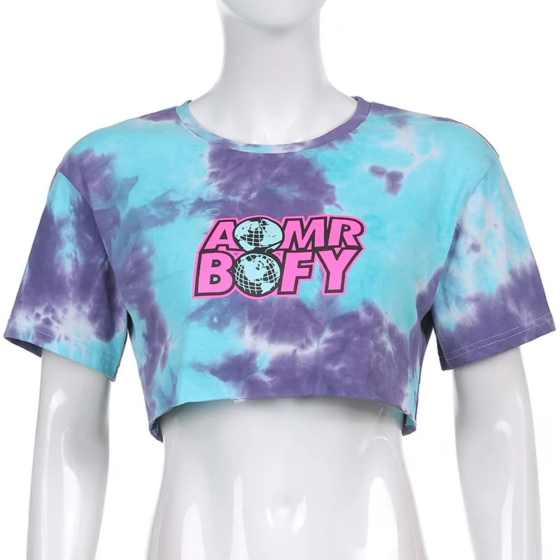 

Gothblack Women O Neck Tie Dye Navel Crop Top Chic Mall Street Letter Printed Loose Short Sleeve Tshirt Summer Casual Home Tops