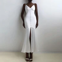 white spaghetti strap evening dresses 2021 simple button slit tea length prom gowns mermaid eleglant custom vestido de fiesta