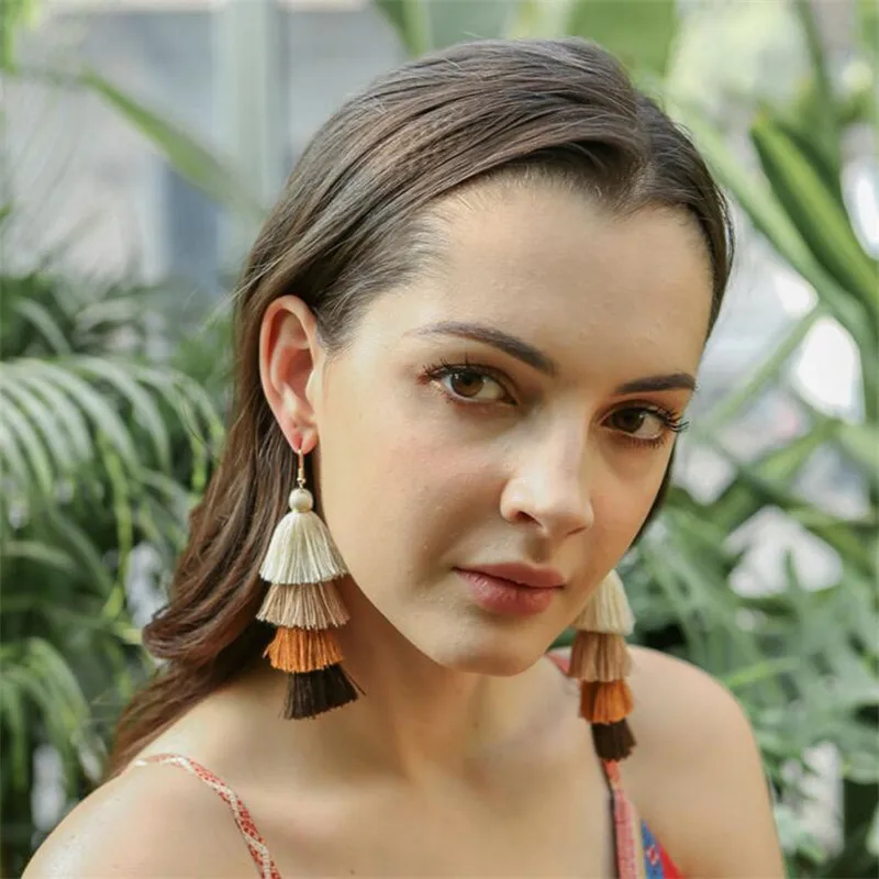

Colorful Multilayer Tassel Drop Earrings For Women Korea Cotton Fabric Long Dangle Earring Female Fashion Ethnic Jewelry 2019