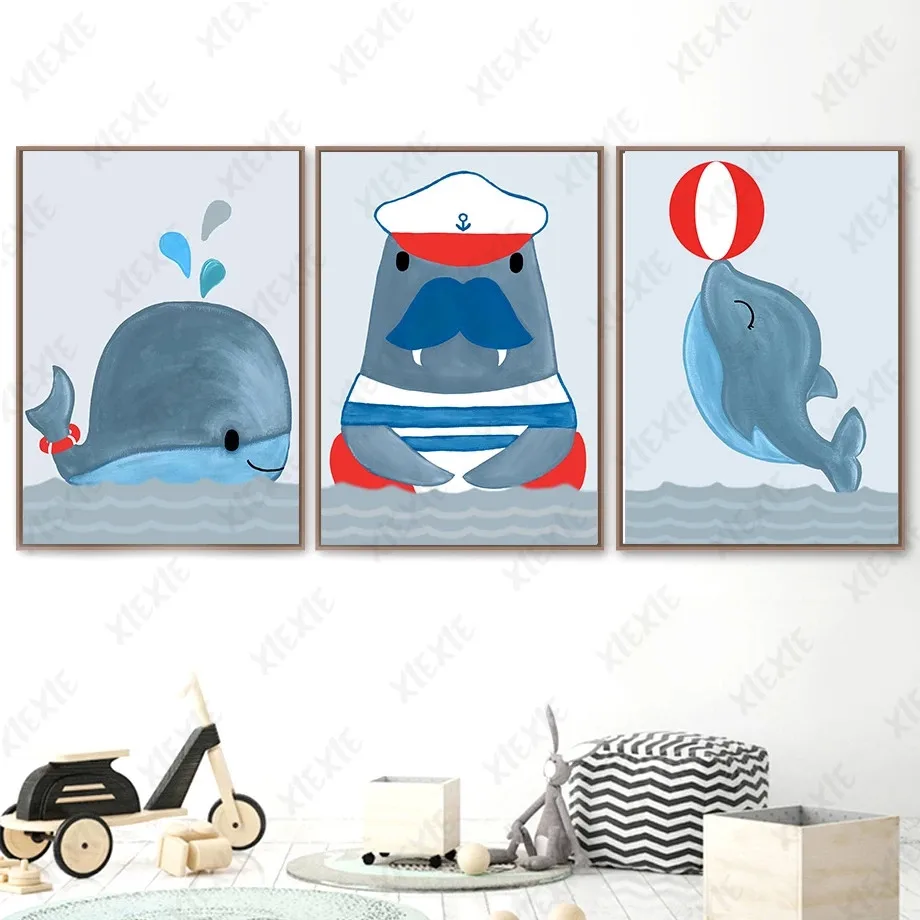 

Cartoon Whale Poster Blue Navy Uniform Sea Lion Canvas Painting Nordic Print and Wallpaper Picture Decoration Kids Room Craft