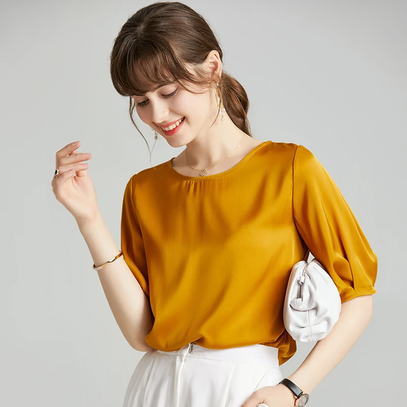 Женская модельная рубашка из чистого шелка Повседневная Блузка с круглым
