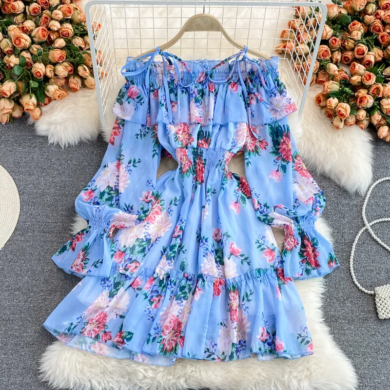 

Women Dress Gentle Wind Collar Strapless Suspender Skirt Trumpet Sleeve Floral Chiffon High Street Mini Slash Neck Sexy Dress