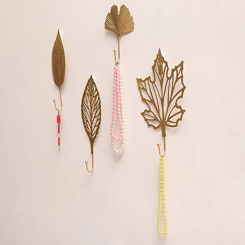

Nordic Wall Hooks For Hanging Clothes No-punch Wall Hanger Coat Key Hook Iron Art Wall Decorations Golden Leaves Home Storage