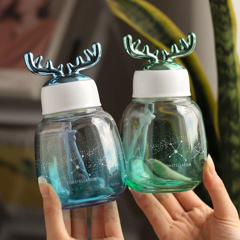 

Antler Glass Gradient Shade with Lid Strap Your Cute Little Water Bottle Portable Small Capacity Sky Printed Potbelly Coffee Cup