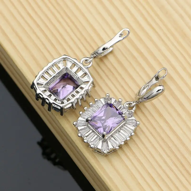 Фото Natural Purple Cubic Zirconia Drop Dangle Earrings 925 Sterling Silver Fashion Jewelry for Women Wedding Charm Earrings №2