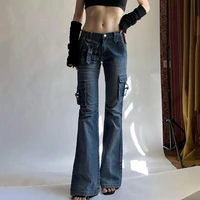 casual blue flare denim trousers for women fashion harajukus y2k 2022 pockets slim jeans chic office vintage spring long pants