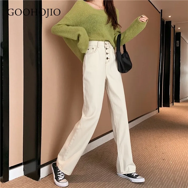 

GOOHOJIO 2021 New Autumn and Winter Chic Women Jeans High Waist Trousers for Women All-match Buttons Wide Leg Cowboy Pants Women
