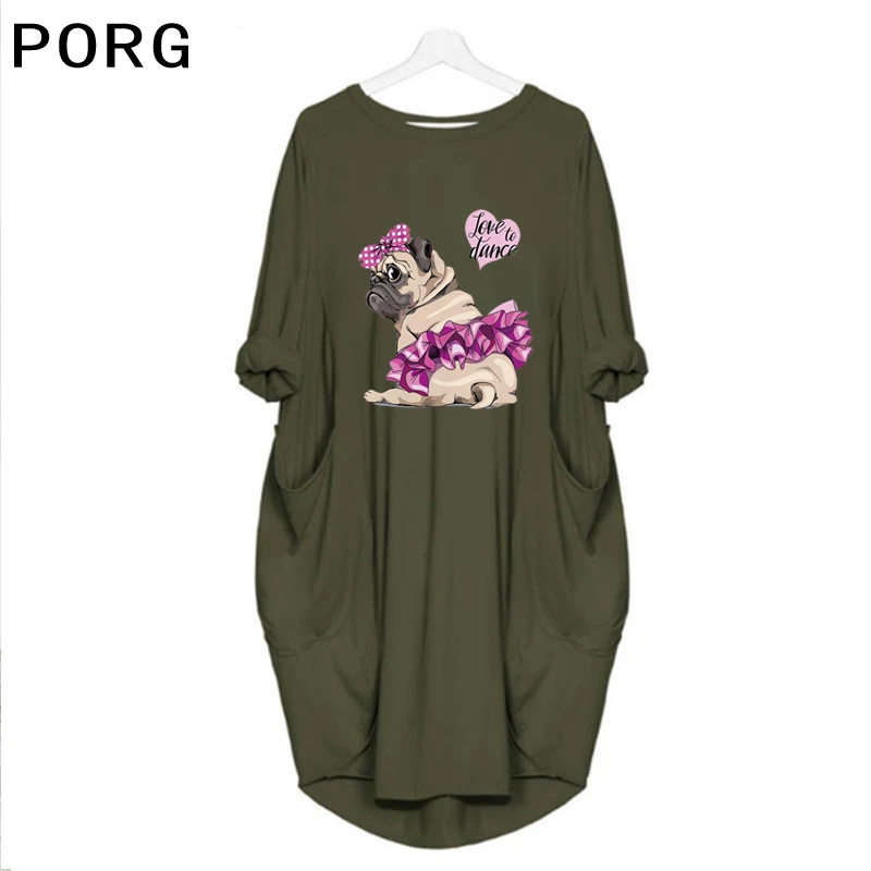 

Dog Women Casual Loose Solid Polyester Fiber T Shirt Dress O Neck Oversize Mini Dress Batwing Long Sleeve Basic Dresses Vestidos