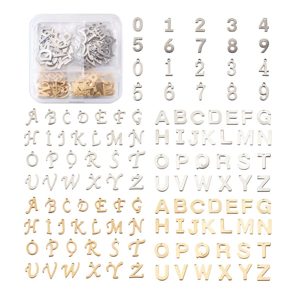 

124pcs/Box 304 Stainless Steel Charms 24 Alphabet and 0~9Number Pendants for necklace jewelry making DIY Decor Mix Color