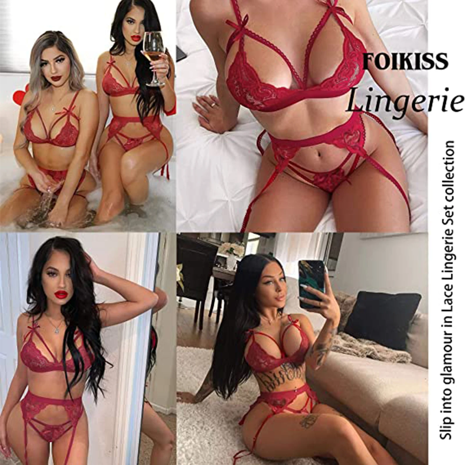 

Women Three-piece Sexy Lingerie Set Lace Backless Underwear + Panties + Waistband, White/ Blue/ Black/ Wine Red