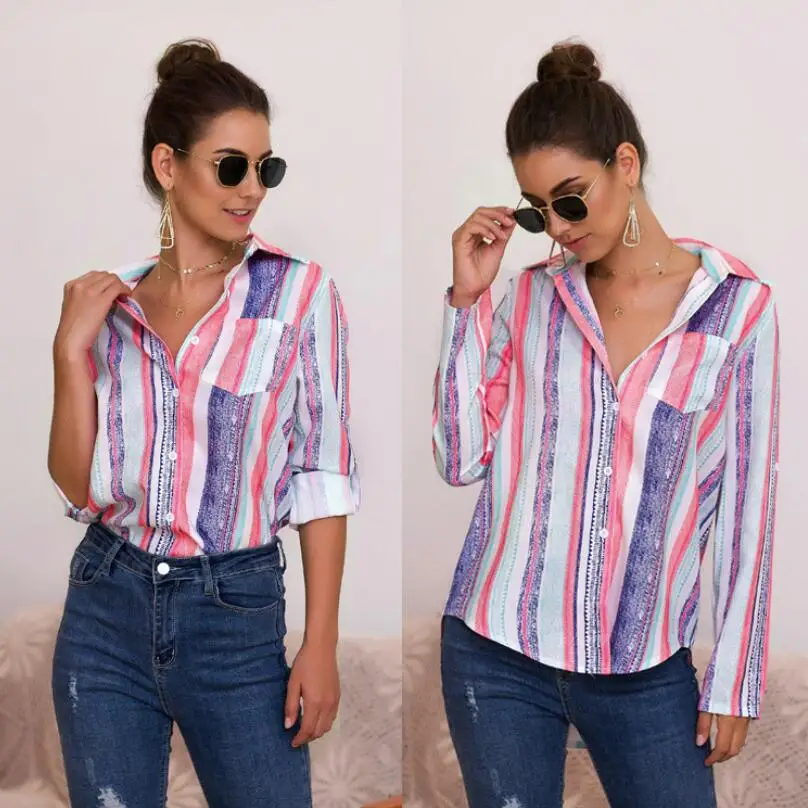

2020 Hot Sale Autumn And Winter New Women's Tops Fashion Color Striped Plus Size Shirts Casual Ladies Tees