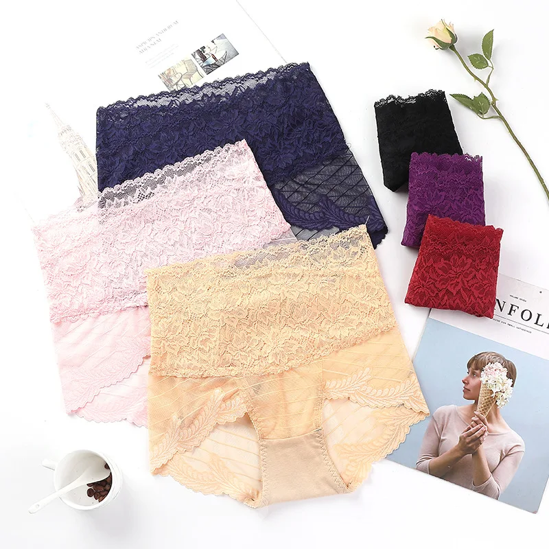 

High-waist sexy lace panties, women's transparent antibacterial buttocks, abdomen, no trace, women's briefs, pure cotton crotch