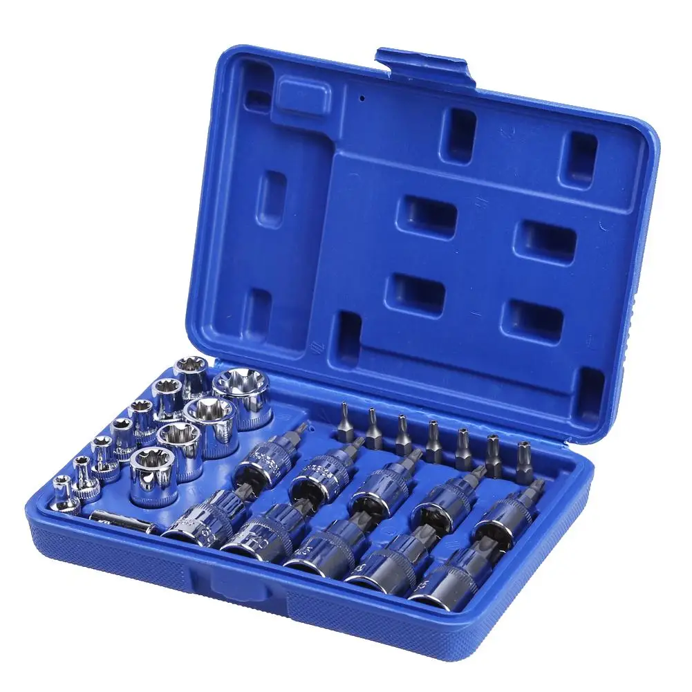 

29PC 1/4 3/8 1/2 Torx Star Socket Bit Set Tool Female Male Torx E&T Sockets Kit Case Mechanics Enginner Wrench Car Repair Tools