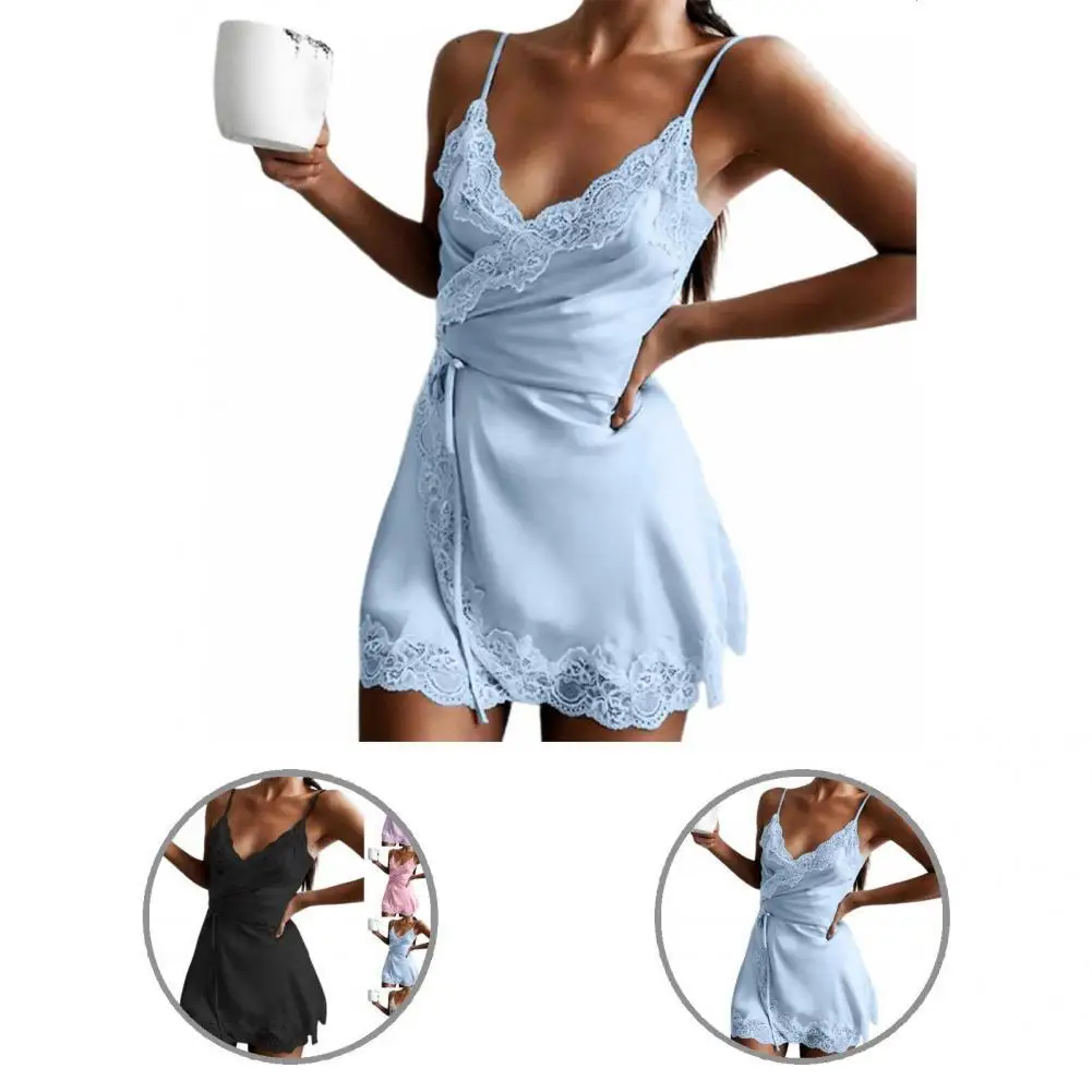 

New Ladies Silk Sling Nightdress Women's Sexy Lingerie Satin Sleepwear Lace Cup V-neck Nightwear Homewear S-3XL Jodimitty 2021