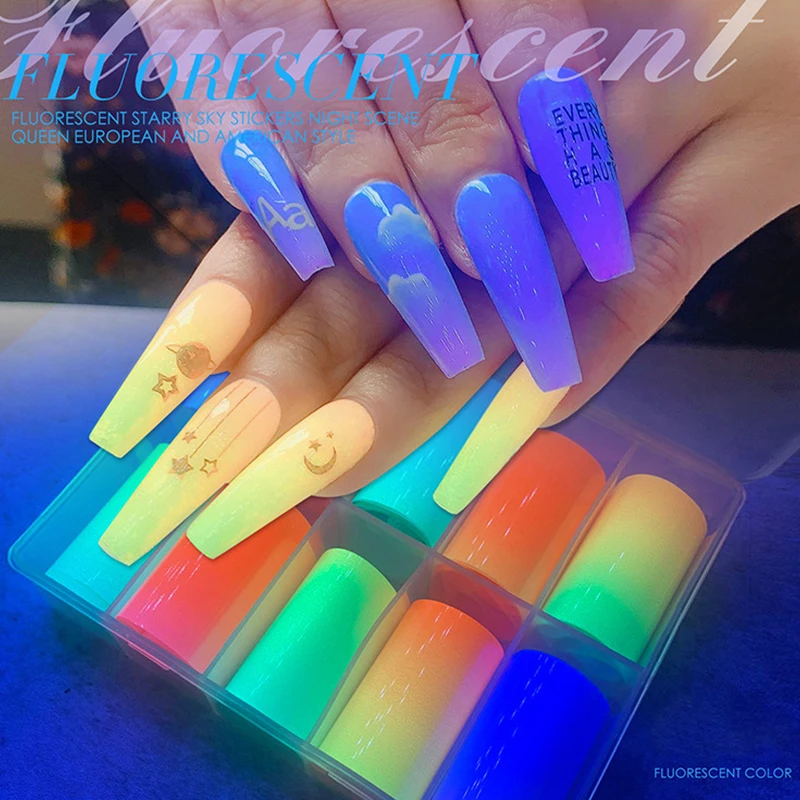 

4*100cm Nail Paste Decoration Fluorescence Nail Paper Wraps 10 Pcs/Box Nail Art Holographic Transfer Foil Sticker DIY 2021 New