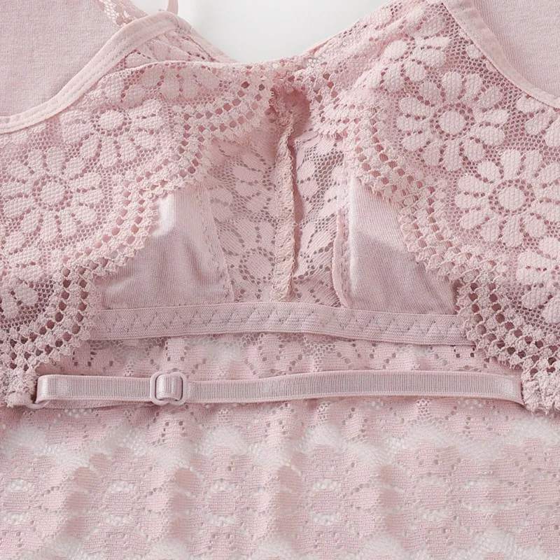 

Women Lace Gathered Camisole Bottoming Underwear Set Solid Color Jacquard Bra And Lace Briefs Set