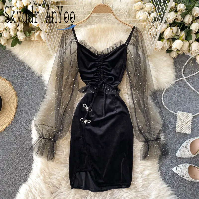 

Women Autumn Winter Velvet Black Dress 2021 Bodycon Mesh Long Sleeve Hollow Out Pleated Slim Sexy Party Dresses Tunic