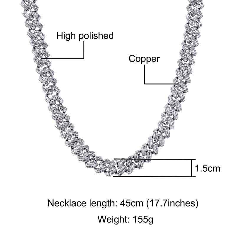 Hip Hop 15MM Bling Iced Out AAA CZ Square Zircon Cuban Link Chain Necklace For Men's Copper Necklaces For Men Jewelry