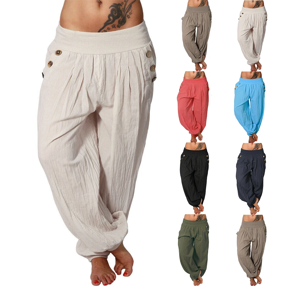 

Buttons Elastic Harem Trousers Womens Pant Solid Wide Leg Autumn Winter Pants Casual Loose Waist Yoga Sport Trousers