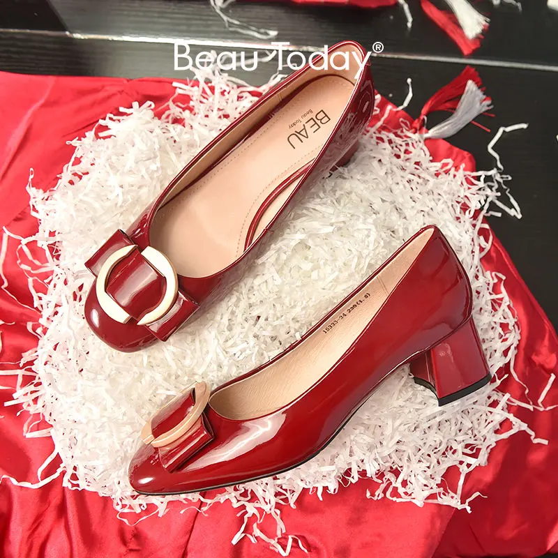

BeauToday Patent Leather Pumps Women Square Toe Metal Buckle Decoration Slip On Hoof Heel Lady Wedding Shoes Handmade 15333