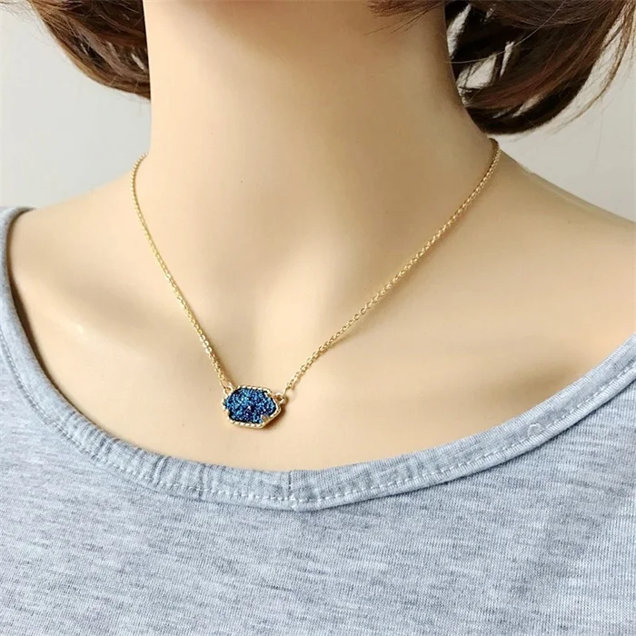 G blue 20 опций Druzy Кулон из друзы ожерелье Шестигранная Смола Druse Серебро Золото Цвет цепи воротник модный бренд ювелирные изделия для женщин девушка подарок - Окраска металла: G blue