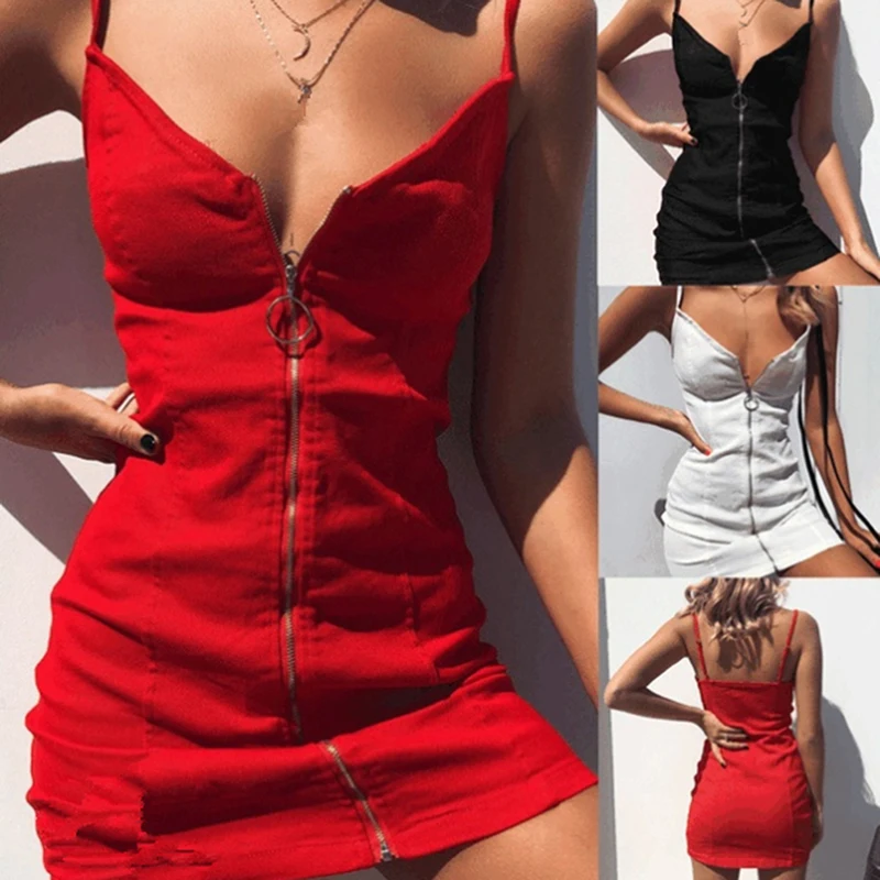 

Summer Sexy Women Dress Solid Color Zip Sling Dress Fashion Sleeveless Sling Package Hip Dress Female Vetidos