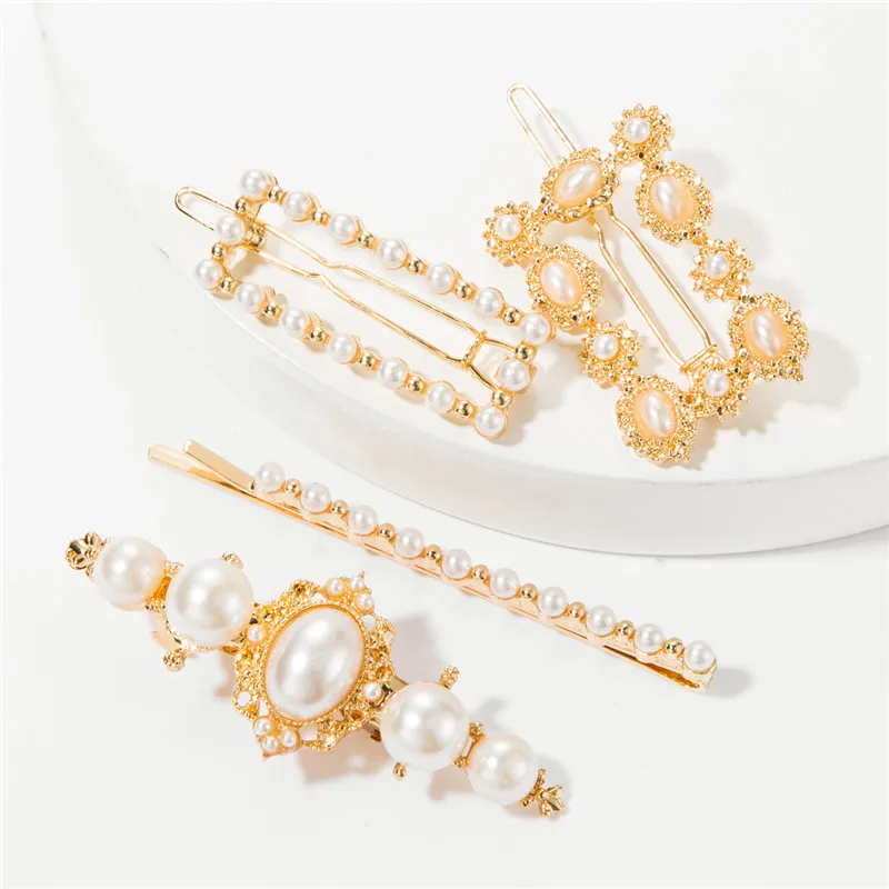Модные жемчужные геометрические металлические зажимы для волос золотого цвета