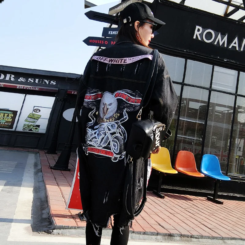 Трендовая рваная джинсовая куртка женская накидка в стиле пэчворк длинная