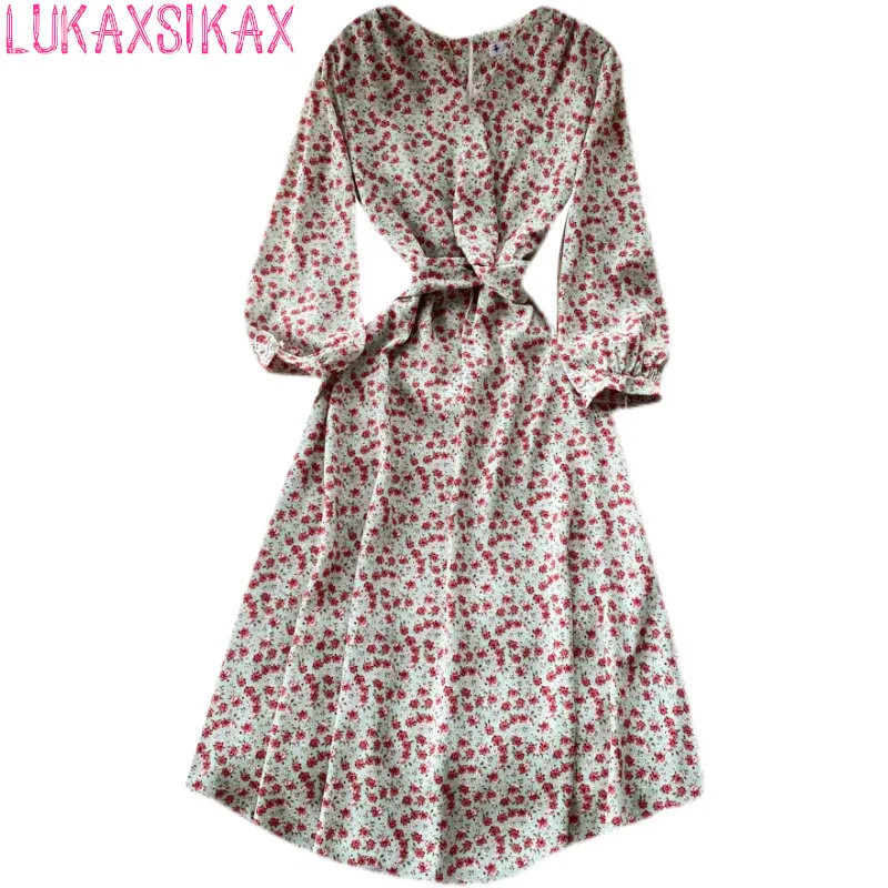 

LUKAXSIKAX New Spring Autumn Women Elegant V-Neck Long Sleeve Big Hem Slim Dress Hepburn Style Retro Floral Dress