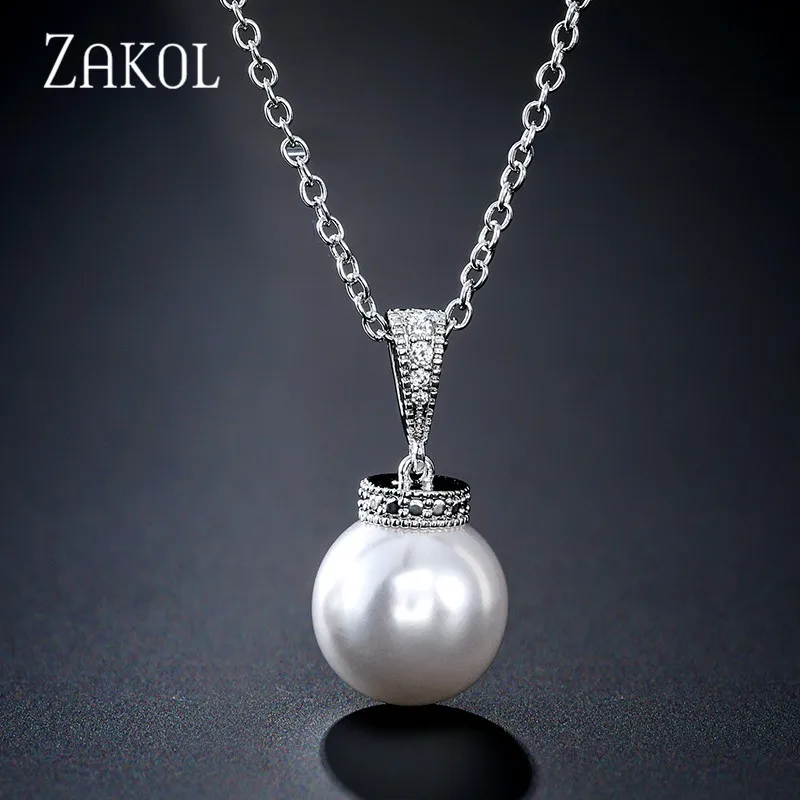 White ZAKOL Мода циркония кристалл кулон ожерелье для элегантных женщин круглый искусственный жемчуг свадебные украшения FSNP2058 - Окраска металла: White