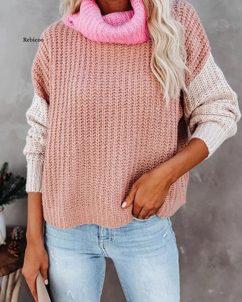 Женский вязаный свитер-водолазка в стиле пэчворк пуловер бохо Модный облегающий