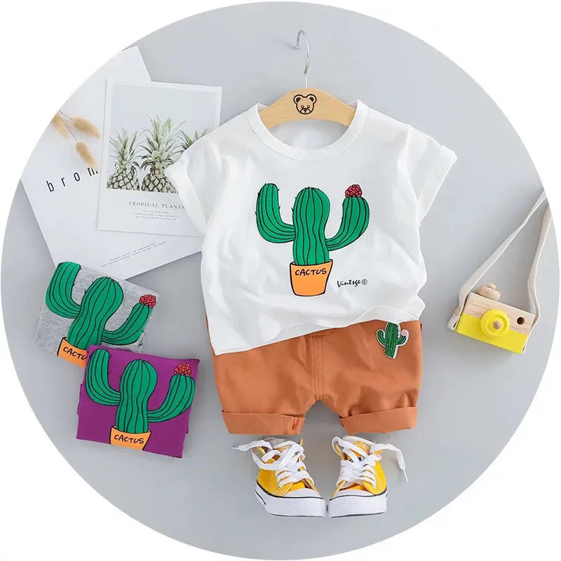 Летние комплекты одежды для маленьких мальчиков хлопковая Футболка с принтом