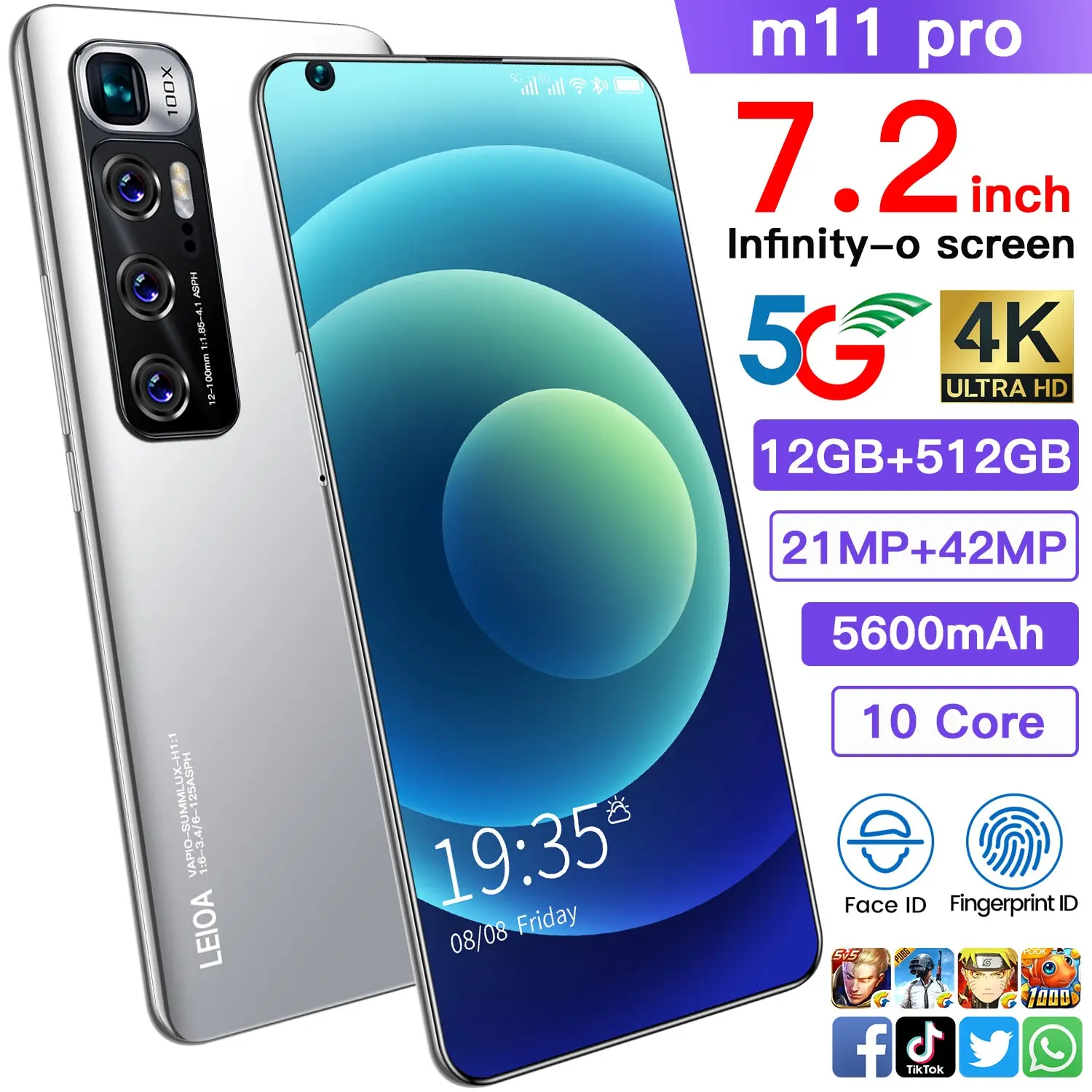 

M11 Pro 7.2 Inch Full Screen 8+512gb Dual Sim Face Unlock Andriod 10 Smart Phone 21+42mp 5600mah Mobile Phones