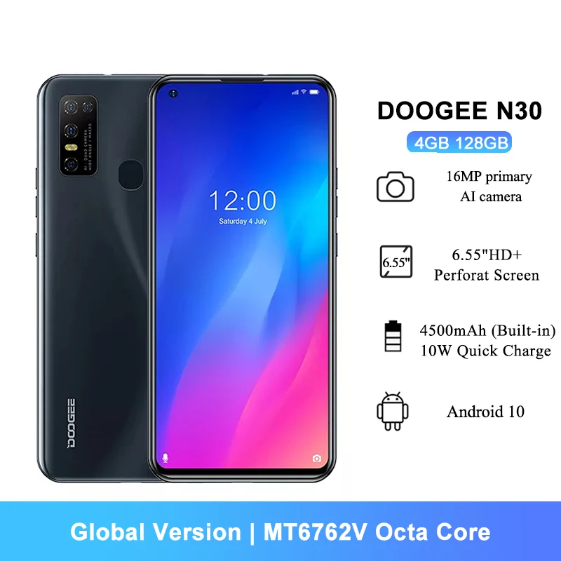 Смартфон глобальная версия DOOGEE N30 4 + 128 ГБ 6 55 дюйма HD 16 Мп камеры 8 ядерный