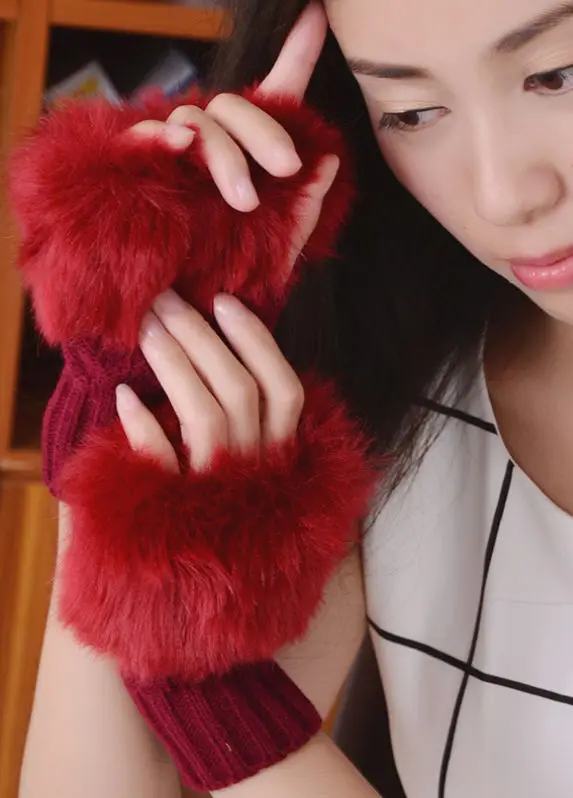 Красный Women Winter Warm Half Finger Gloves Faux Fur Warm Wrist Knitted Wool Gloves Cuff Mitten - Цвет: Красный