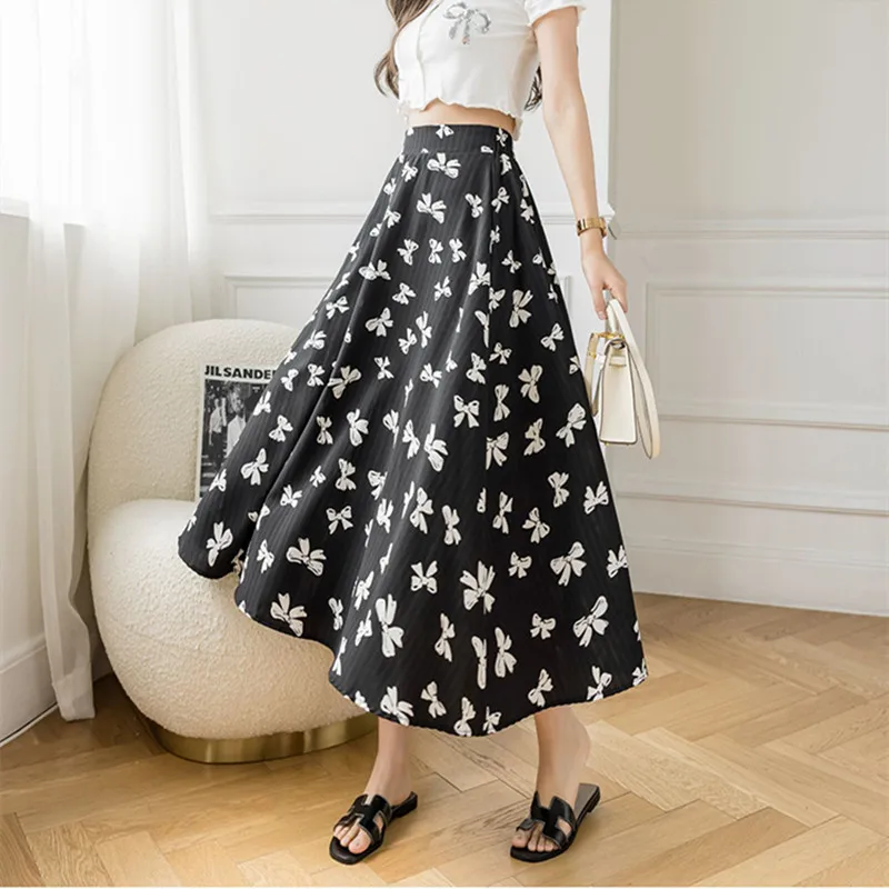 

2022 Spring Summer Print Flower Skirt Women High Waist Long Skrit Female Elegant Sweet Cute Midi Skirt Female Women Skirts
