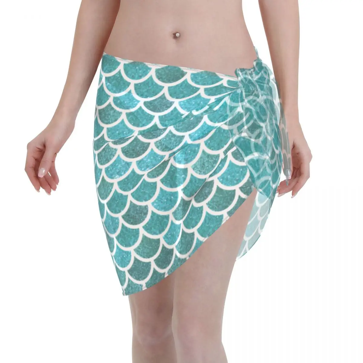 

Womens Swim Wear Bikini Cover Up Teal Mermaid Scales Beach Mini Wrap Skirt Sarong Pareo Shorts Summer Beachwear