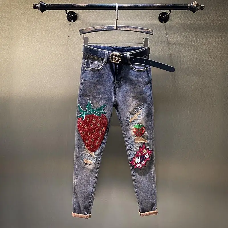

Female Trousers 2021 New Spring Autumn Sequins Strawberry Embroidery High Waist Skinny Pencil Jeans Slim Stretch Denim Pants