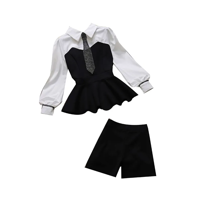 

2021 Spring New Female Stand Collar Rhinestones Tie Color Block Blouse + High Waist Wide leg shorts Two-Piece Sets Women Suits