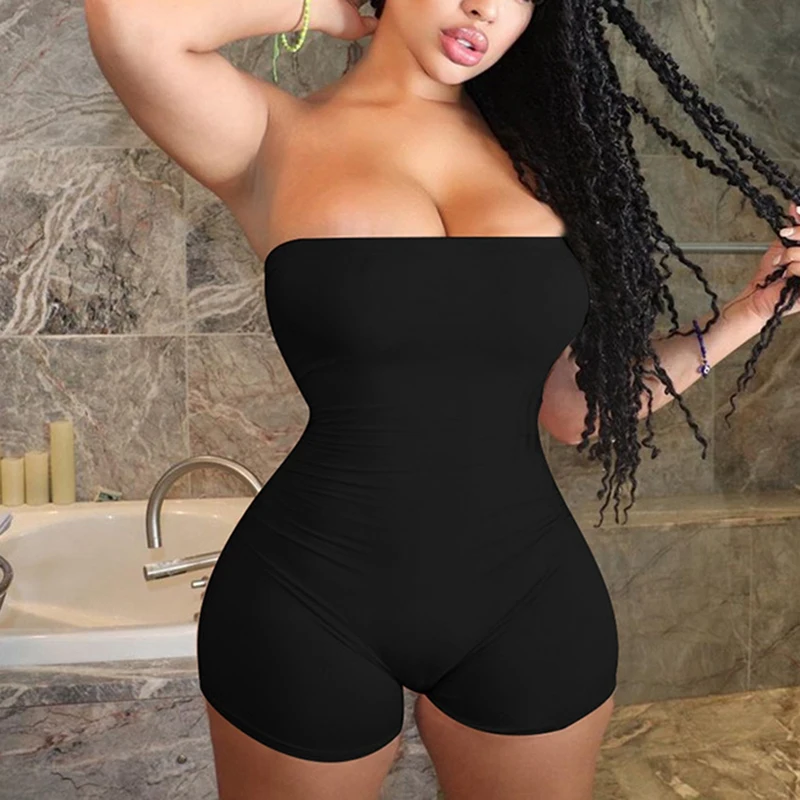 

Sexy One-Line Collar One-Piece Shorts Skinny Sports Bottoming Open Button Embroidered Jumpsuit