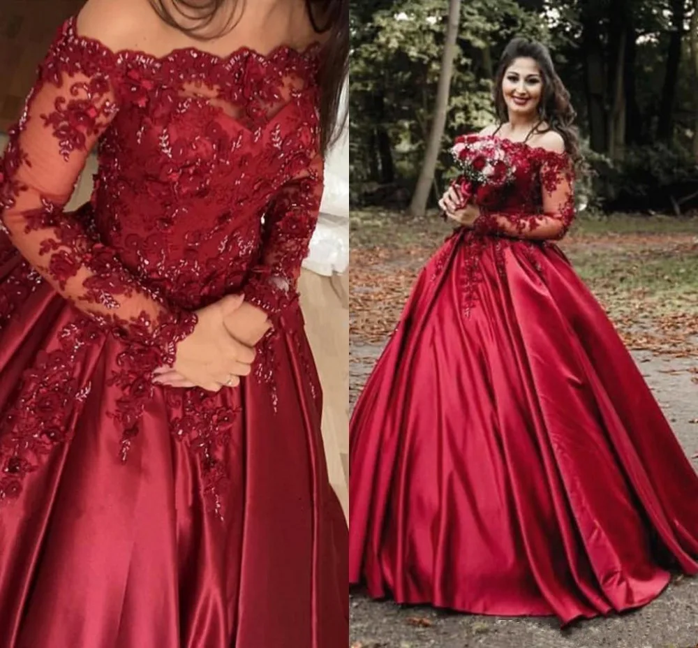 

Burgundy evening Dresses Long Off Shoulder Lace Flowers Beaded Long Sleeves Plus Size Party Dress Prom Evening Gowns