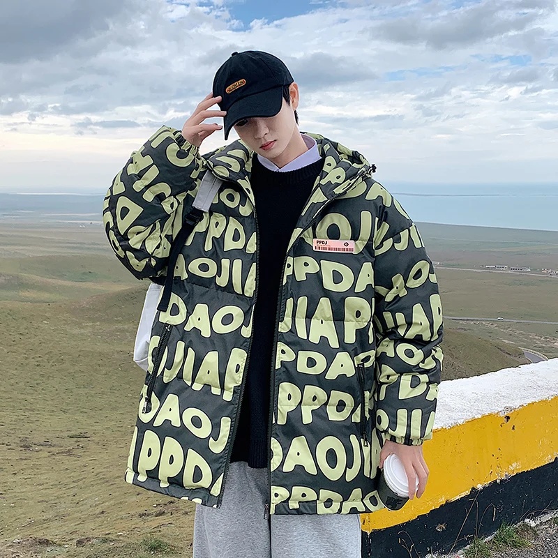 2021 winter letter printing full-print jacket large size men's blue overseas scenery colorful label cotton jacket
