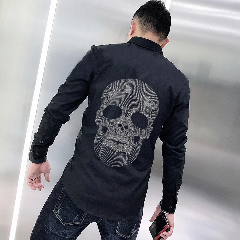 Luxury Hot Diamond Design Skull Men's T-Shirt Button Work Clothes Spring Lapel Business Oversized Long Sleeves
