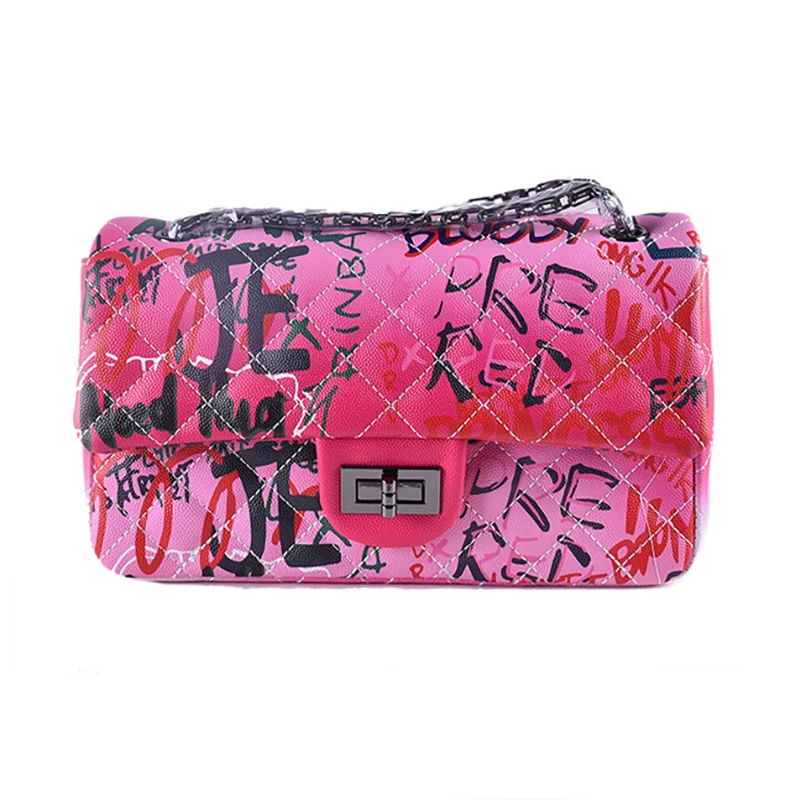 

2021 Trendy and High Quality Womens Handbags and Purses Colored Graffiti Rhomboid Chain Bag