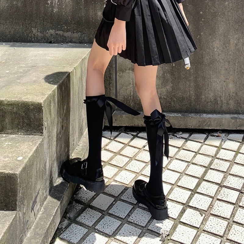 

Girl cute lace ribbon calf socks female Lolita white bow velvet middle tube summer thin