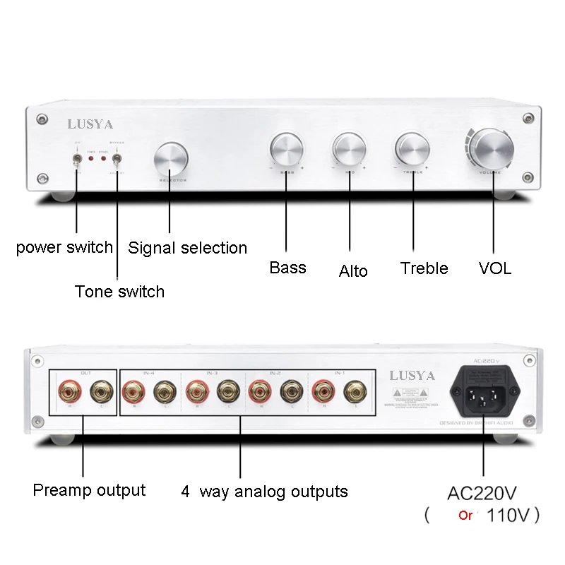 Lusya Class A Tone Adjustment Preamp 4 Way Lossless Source Signal Selection Switching Output With Treble Medium Bass T1161 | Электроника