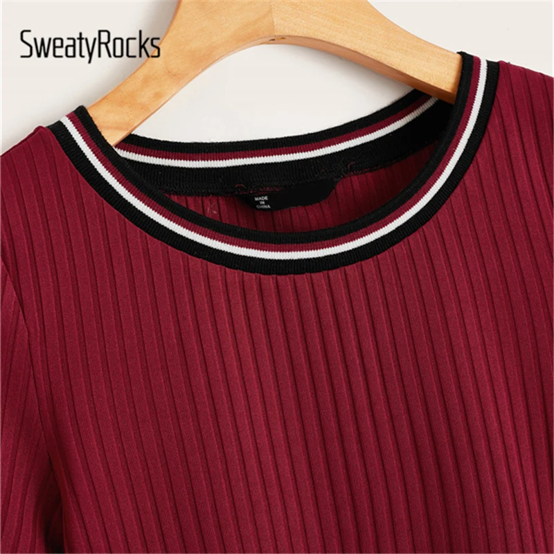 SweatyRocks бордовая полосатая трикотажная футболка в рубчик уличный с короткими рукавами футболки летняя повседневная одежда для активного отдыха женские футболки