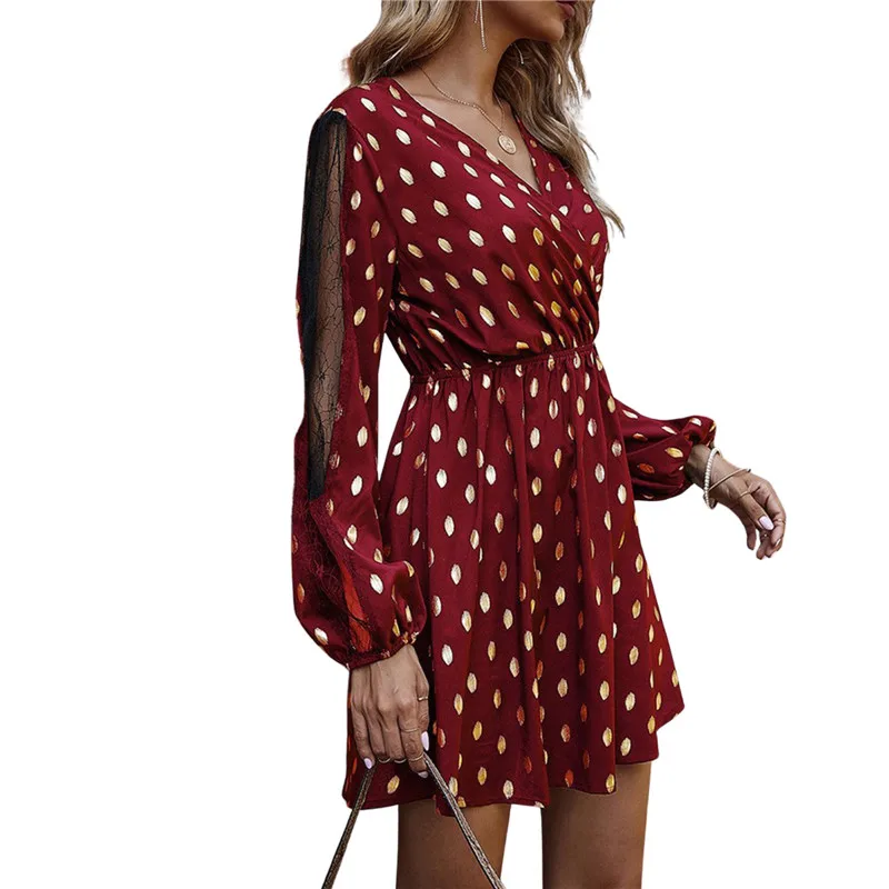 

Womens Elegant Polka Dot Women Dress Female Casual Long Sleeve Office Chiffon Dot Print Dresses A-line Vintage Sweet Clothing